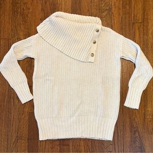 IMNYC Chunky Knit Sweater Women Cream Turtleneck Asymmetrical Button Collar SM